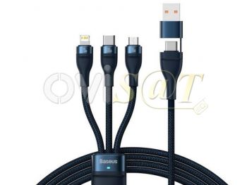 Cable de carga rápida azul Baseus CASS030103 3 en 1 100W con conector USB Tipo A / Tipo C a conectores Lightning, Micro USB y USB Tipo C , 1.2 m longitud, en blister